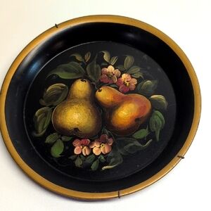 Vintage Decorative Tole Painted Tray with Pears and Flowers